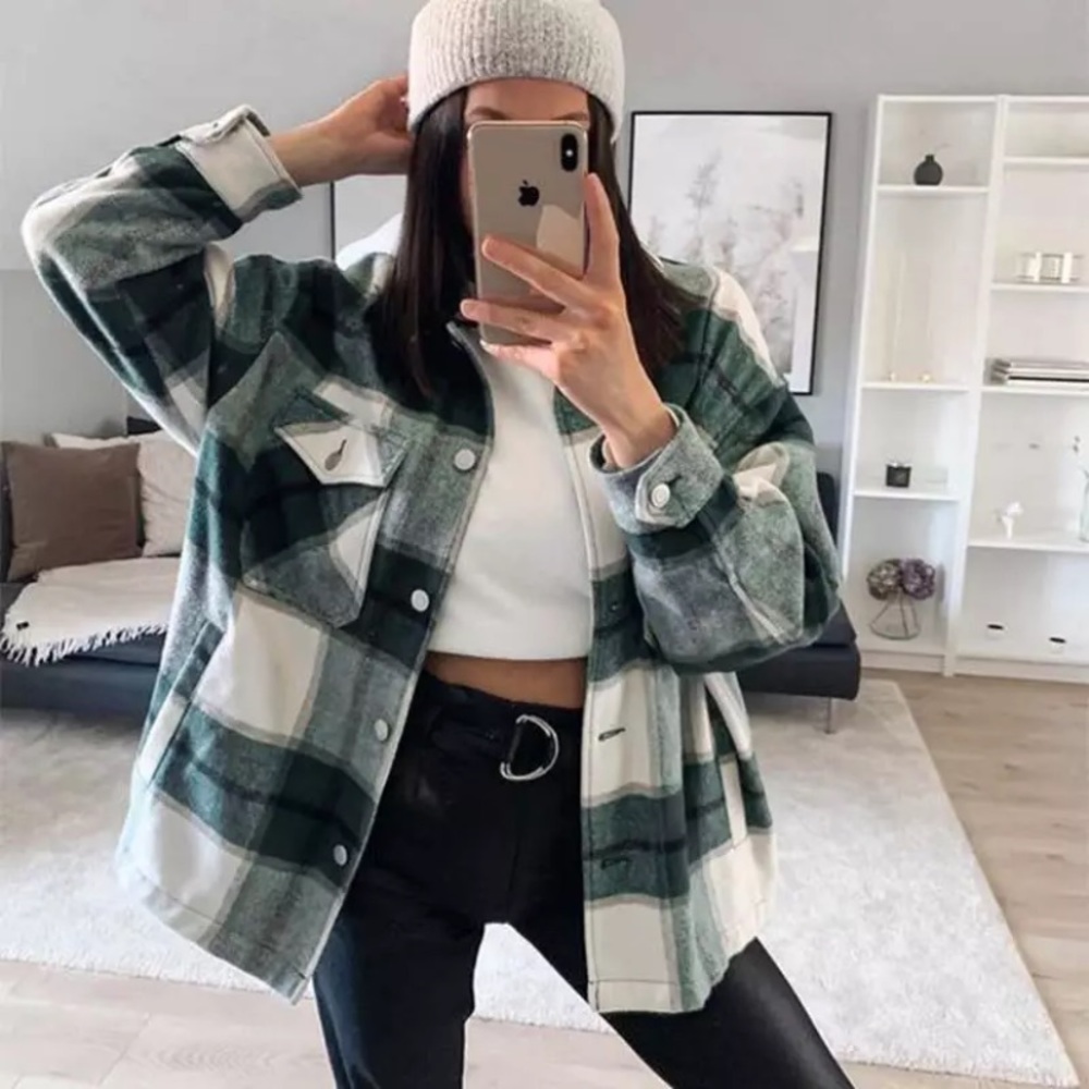 SOLD OUT Green Plaid Oversized Flannel Shacket Shirt Jacket - Picture 1 of 15
